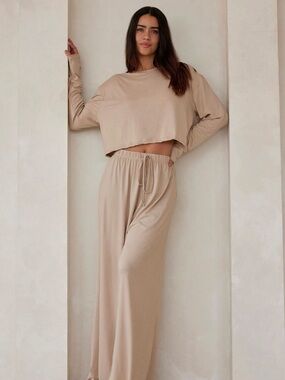 Wide Leg Drawstring Pants in Beige